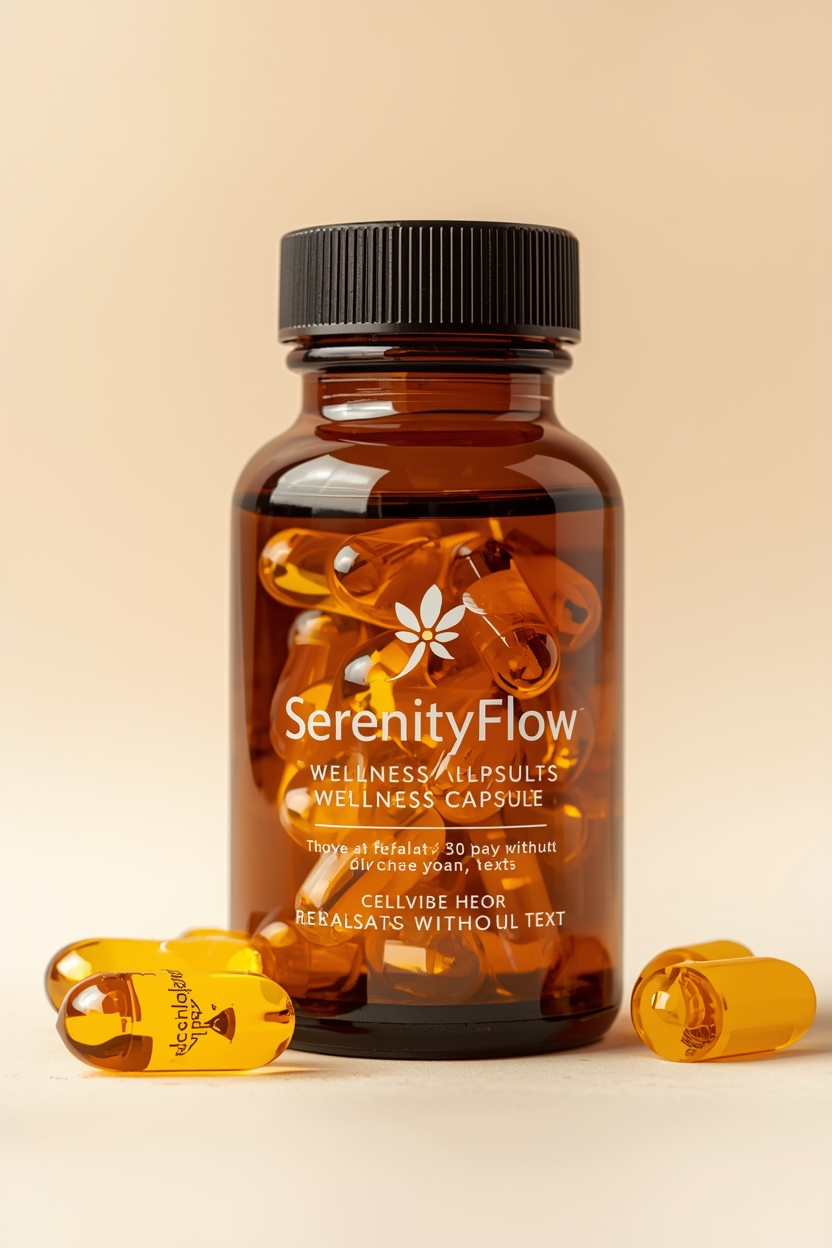 SerenityFlow wellness capsules in amber glass bottle